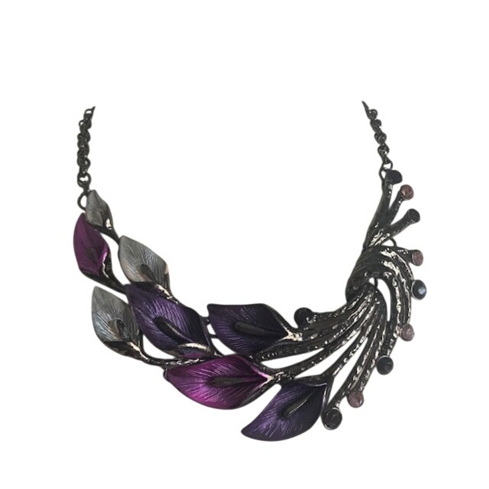 Statement Necklace Purple Enamel Leaf Gunmetal Rhinestone Floral Bib Necklace